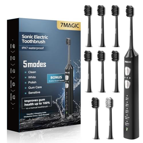 7MAGIC Sonic Electric Toothbrush, 180-Day Runtime, 42000VPM, 8 Heads, Black