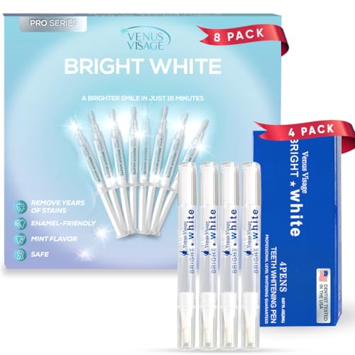 Venus Visage Teeth Whitening Pen (4 Pack) and Teeth Whitening Gel Syringes Refill (8 Pack, 0.1 fl oz) - Carbamide Peroxide Tooth Paint Whitener Bundle, Low Sensitivity and Enamel-Safe - Mint Flavor
