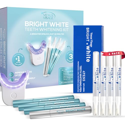 Venus Visage Teeth Whitening Pen (4 Pack) and Teeth Whitening Kit with LED Light Device - Includes 3 Gel Pens, Tooth Whitener Trays & Remineralization Pens, Low Sensitivity & Enamel-Safe, Mint Flavor
