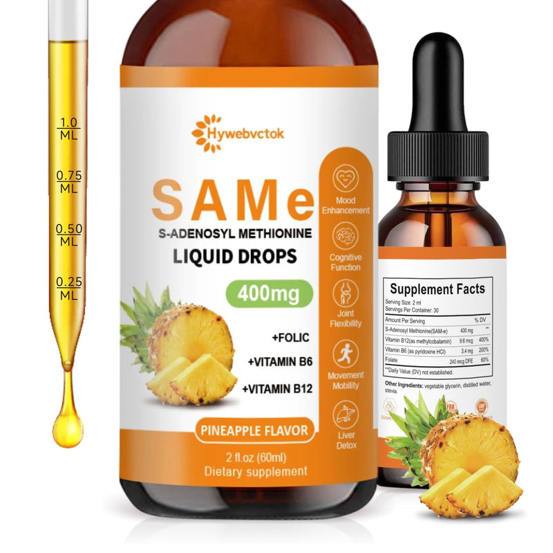 Liquid SAM E Drops,SAM-E(SAMe) Supplement 400MG S-Adenosyl-L-Methionine | with Vitamin B6,B12,Folate,Joint Support&Liver Health,Pineapple Flavor,98% Absorption&Better Bioavailability,0 Sugar,2 FL OZ