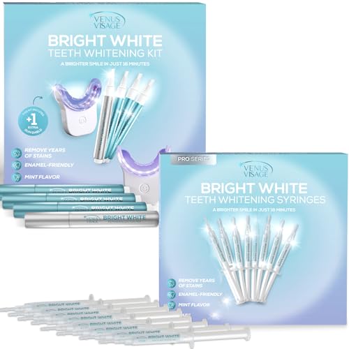 Venus Visage Teeth Whitening Kit with LED Light Device and Gel Syringe Refills (8 Pack) - Includes 3 Tooth Whitener Gel Pens, Teeth Whitening Trays & Remineralization Pens for a Brighter Smile