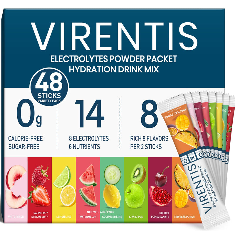 48 Sticks Electrolytes Powder Packets Sugar Free Hydration Packets, 8 Flavors Liquid Daily IV Electrolyte Drink Mix for Rehydration with 8 Electrolytes & 6 Vitamins, 0 Calorie, Low Sodium Variety Pack 6 Ounce (Pack of 1)