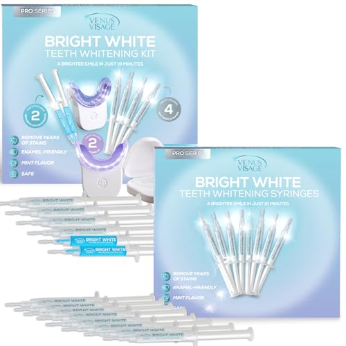Venus Visage LED Teeth Whitening Kit and Teeth Whitening Gel Syringes Refill (8 Pack, 0.1 fl oz) - Carbamide Peroxide Teeth Whitener Bundle, Low Sensitivity and Enamel-Safe for a Brighter Smile