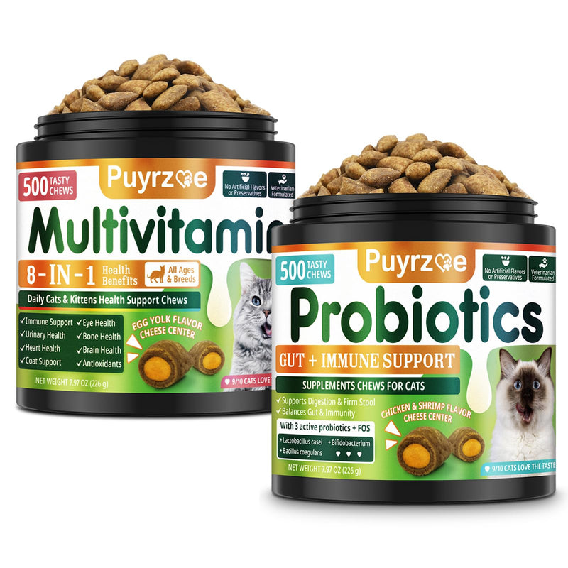 Cat Probiotics + Multivitamin– 500 Chews Crunchy & Creamy Cheese Core with 8-in-1 Support for Immune - Skin & Coat, Digestion, Heart, Bone, and Brain Health for All Cats