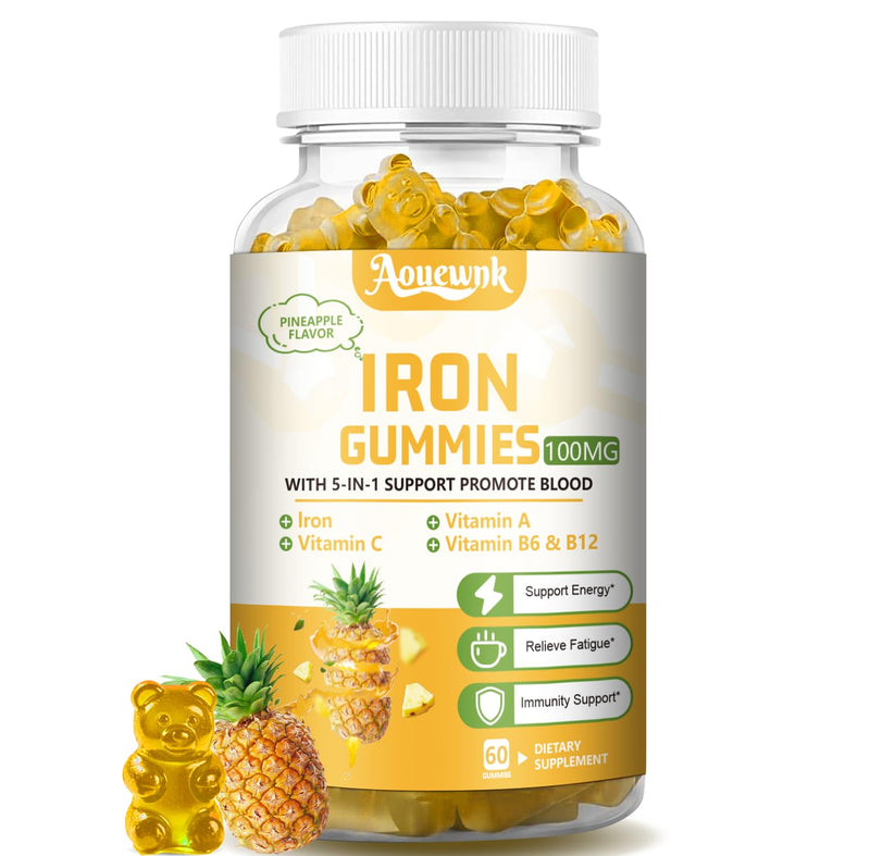 1 Pack 100MG Iron Supplement Gummies for Women & Men | with Vitamin C, A, B - for Adults & Kids, Iron Deficiency, Immune & Energy Support, Pineapple Flavor, Non-GMO, 60 Counts 60 Count (Pack of 1)
