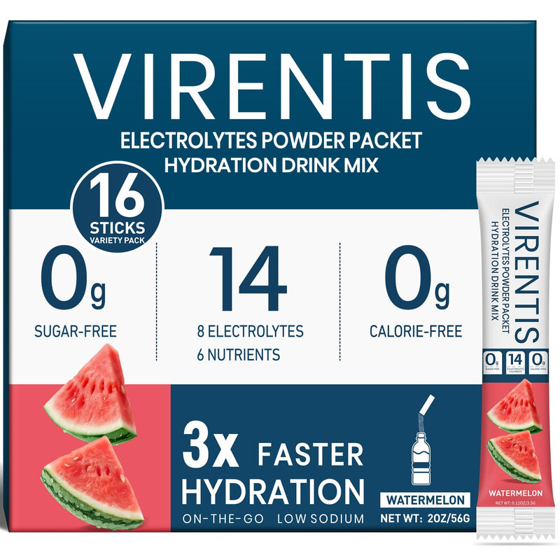 16 Sticks Electrolytes Powder Packets Sugar Free Hydration Packets Liquid Daily IV Electrolyte Drink Mix for Rehydration with 8 Electrolytes & 6 Vitamins, Low Sodium, Watermelon