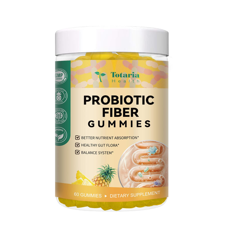 Totaria Probiotic Fiber Gummies, Pineapple Flavor | Fiber Supplement with Psyllium Husk, Bacillus Coagulans, Apple Cider Vinegar, Inulin, FOS, 60 Gummies 60 Count (Pack of 1)