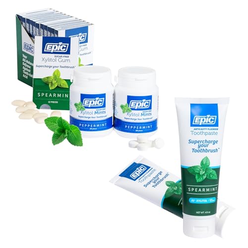 Epic Dental Sugar Free Oral Care Set – 144-Piece Spearmint Gum, 360 Peppermint Mints, 2 Tubes Spearmint Fluoride Toothpaste – Aspartame Free, Dentist Approved, Helps with Dry Mouth & Cavity Care