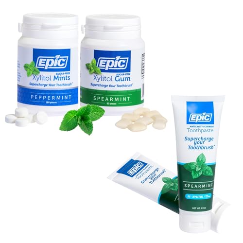 Epic Dental Sugar Free Oral Care Set – 50-Piece Spearmint Gum, 180 Peppermint Mints, 2 Tubes Spearmint Fluoride Toothpaste – Aspartame Free, Dentist Approved, Helps with Dry Mouth & Cavity Care
