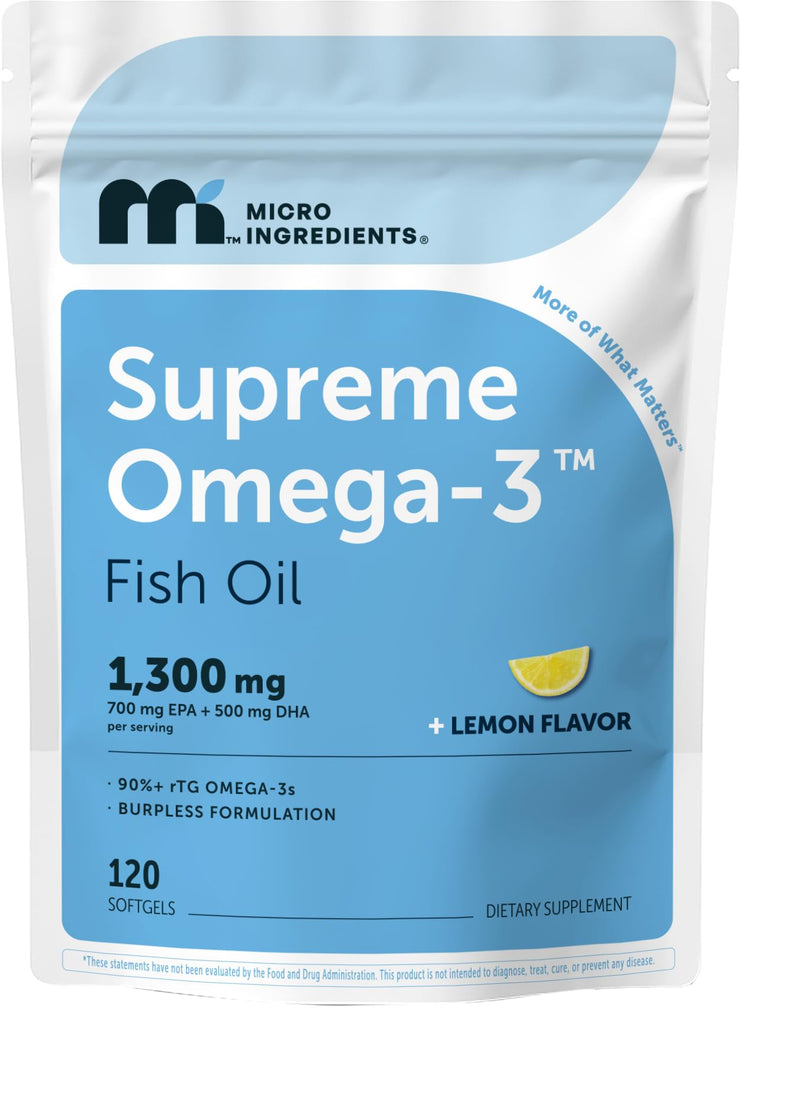 Micro Ingredients Supreme Omega-3 Fish Oil w/Ultra High EPA & DHA, Burpless Softgels | rTG Omega-3 with Vitamin D3 | Wild-Caught Cold Deep-Sea Fish | Lemon Flavor, Easy to Swallow, 120ct 120 Count (Pack of 1)
