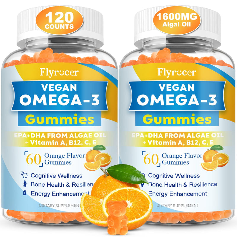 Vegan Algal Oil Omega 3 Gummies Supplement for Adults Sugar Free, 120 Count | Omega 3 With DHA, EPA & 10 Essential Vitamins, Fish Oil Alternative - Support Brain, Eye & Immunity, Orange Flavor 60 Count (Pack of 2)