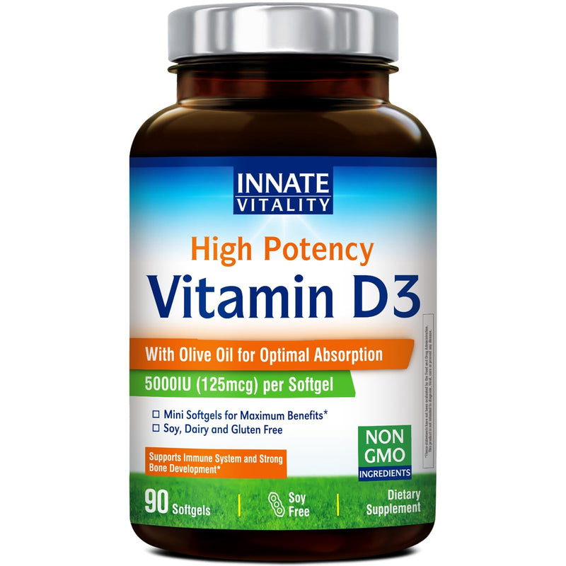 Innate Vitality Vitamin D3 5000 IU (125 mcg) | High Potency, for Bone, Teeth, and Immune Health Support, Non-GMO, No Soy or Gluten
