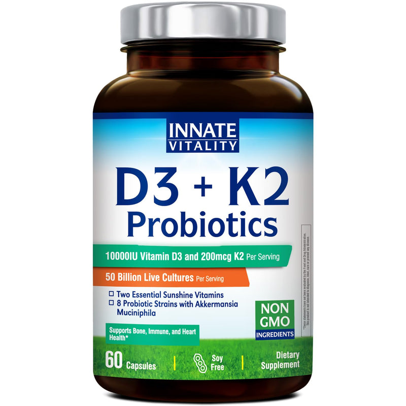 Innate Vitality D3 K2 Vitamin 10000IU + Probiotics, Akkermansia Muciniphila | Bone, Immune, Digestive & Heart Support, Non-GMO, No Soy or Gluten, 60 Capsules