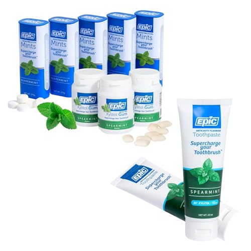 Epic Dental Sugar Free Oral Care Set – 150-Piece Spearmint Gum, 275 Peppermint Mints, 2 Tubes Spearmint Fluoride Toothpaste – Aspartame Free, Dentist Approved, Helps with Dry Mouth & Cavity Care