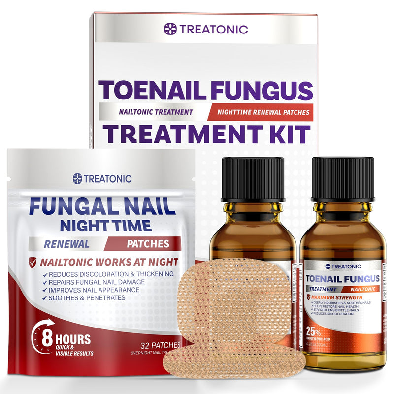 Treatonic Toenail Fungus Treatment Kit: Extra Strength Antifungal Nail Repair Solution with 25% Undecylenic Acid (30 mL) & 32 Nighttime Renewal Patches - Repairs Damaged & Restores Discolored Nails 2 Bottles + 32 Patches