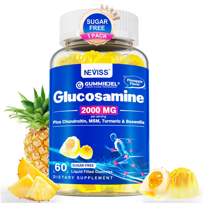 NEVISS Glucosamine Chondroitin Gummies with MSM & Turmeric, Sugar Free | Extra Strength - Flexibility Support with Boswellia, Hyaluronic Acid, Vitamin D3 & Zinc, Pineapple Flavor, 60Cts 60 Count (Pack of 1)