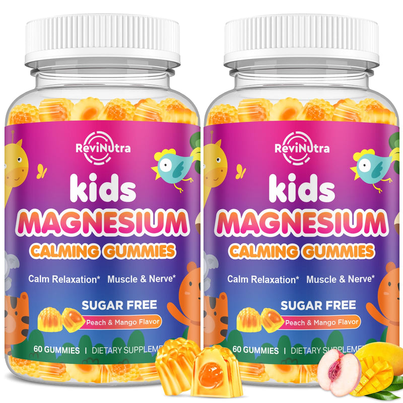 2 Pack Kids Magnesium Glycinate Gummies - Magnesium for Kids Adults with L-Theanine, Chamomile, Licorice, Vitamin D, B6 for Sleep, Relaxation, Brain & Muscle - Sugar Free Peach & Mango 60 Count (Pack of 2)