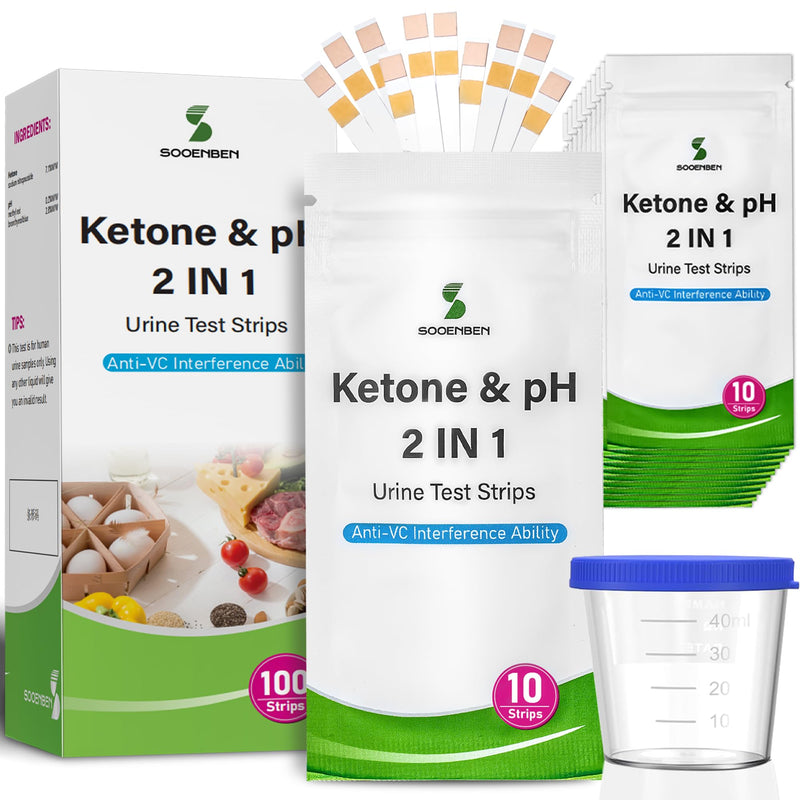 2-in-1 Ketone Test Strips, 100cts Keto and pH Strips Urine Test for Ketogenic & Low-Carb Diets with Urine Cup, Ketosis & pH Test Strips for Urine