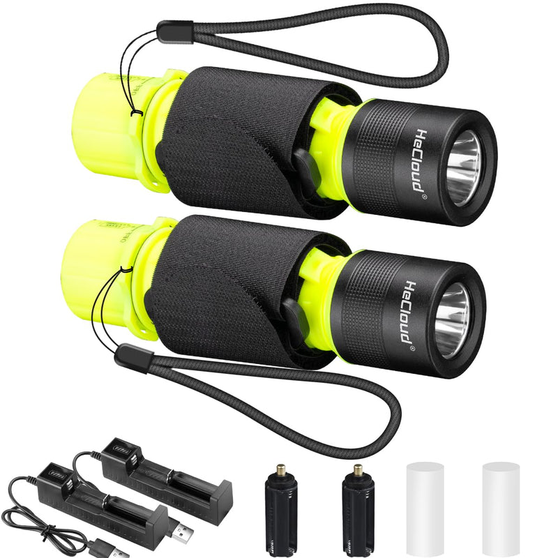 2 Pack IPX8 Waterproof Diving Flashlight Rechargeable Scuba Dive Light with 3 Modes for Scuba Diving, Snorkeling, Fishing, Emergency for Divers, Outdoor Enthusiasts Black