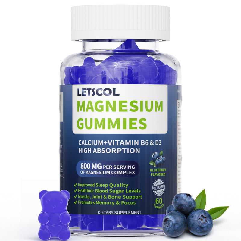 Magnesium Glycinate Gummies, Sugar Free Magnesium Supplement with Magnesium Malate, Calcium, Vitamin D3, B6, CoQ10 for Calm Support & Sleep for Adults Kids Blueberry 60 Count (Pack of 1)