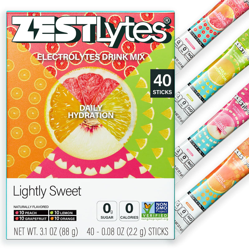 40 Sticks Low Sodium Sugar Free & 0 Calorie Electrolyte Hydration Packets | Lightly Sweet Electrolyte Powder Drink Mix, Liquid Daily IV Flavors Lemon Orange Peach Grapefruit Mixed Flavor