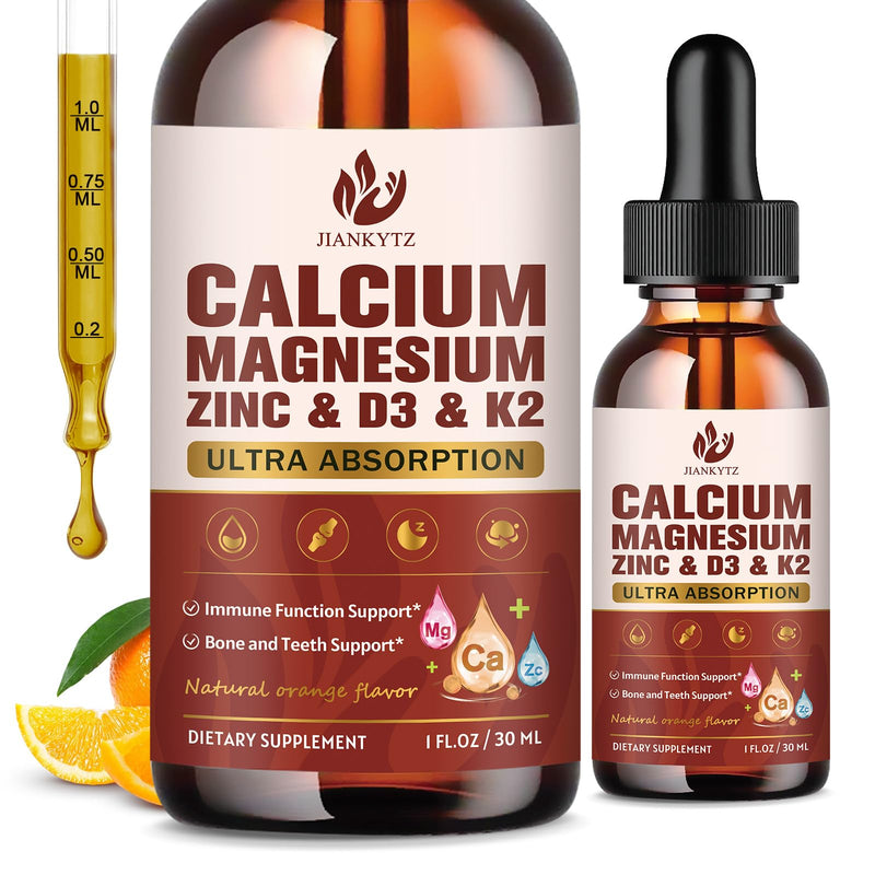 (2 Pack) Calcium Magnesium Zinc Liquid Drops for Women and Men - Bone & Teeth, Immune Support, Calcium Citrate 1200mg with Vitamin D3 Liquid Drops for Adults, Sugar Free, Vegan, Orange Flavor 1 Fl Oz (Pack of 2)