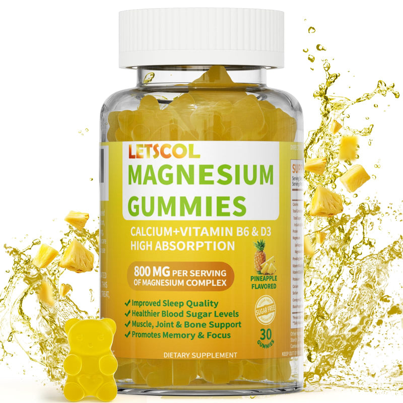 Magnesium Glycinate Gummies, Sugar Free Magnesium Supplement with Magnesium Malate, Calcium, Vitamin D3, B6, CoQ10 for Calm Support & Sleep for Adults Kids Pineapple 30 Count (Pack of 1)
