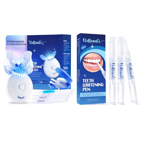 VieBeauti Ultimate Teeth Whitening Bundle - LED Whitening Kit and Whitening Pen Set, 35% Carbamide Peroxide, 5X LED Light, Mint Flavor, Effective, Painless, Travel-Friendly, Professional Results at Ho
