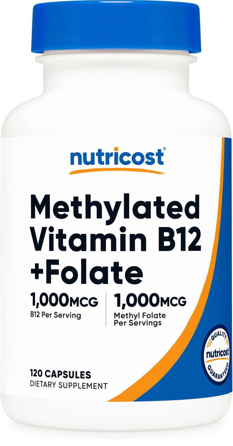 Nutricost Methylated Vitamin B12 + Folate Supplement (2,000 mcg) 120 Caps | 60 Servings, 1,000 mcg of Vitamin B12 + 1,000 mcg of Methyl Folate, Gluten Free 120 Count (Pack of 1)
