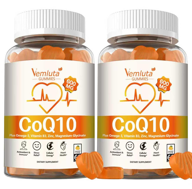 2 Pack CoQ10 Gummies, CoQ10-600mg- 3X Better Absorption Co q 10 Supplement Plus Omega-3, Magnesium, Vitamin B3 & Zinc for Adults Energy, Brain＆ Heart Support,120 Counts 60 Count (Pack of 2)