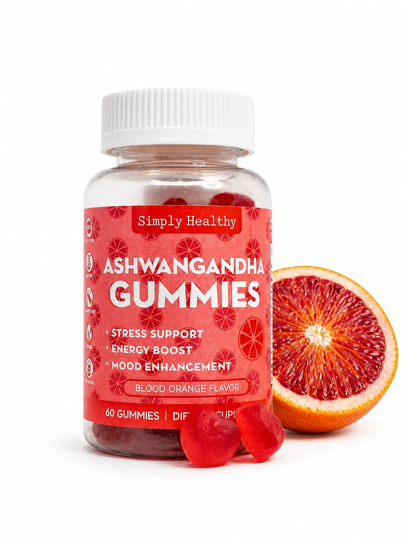 Premium Ashwagandha Gummies, Stress Support with Blood Orange Flavor, Vegan, Easy to Chew, Daily Aid, Energy Booster, Mood Enhancer, for Both Men and Women, 60 Gummies