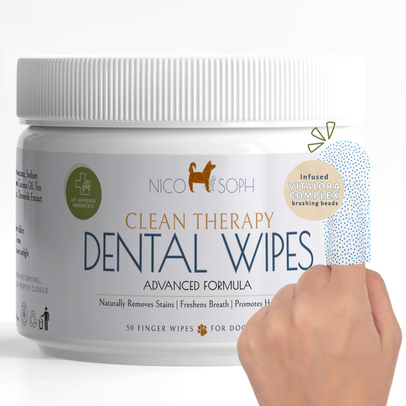 Advanced Dog & Cat Toothbrush Wipes | Pet Dental Finger Wipes | Infused Brushing Beads Remove Plaque & Tartar | Lasting Fresh Breath | Easy Daily Pet Dental Care | 50 Count