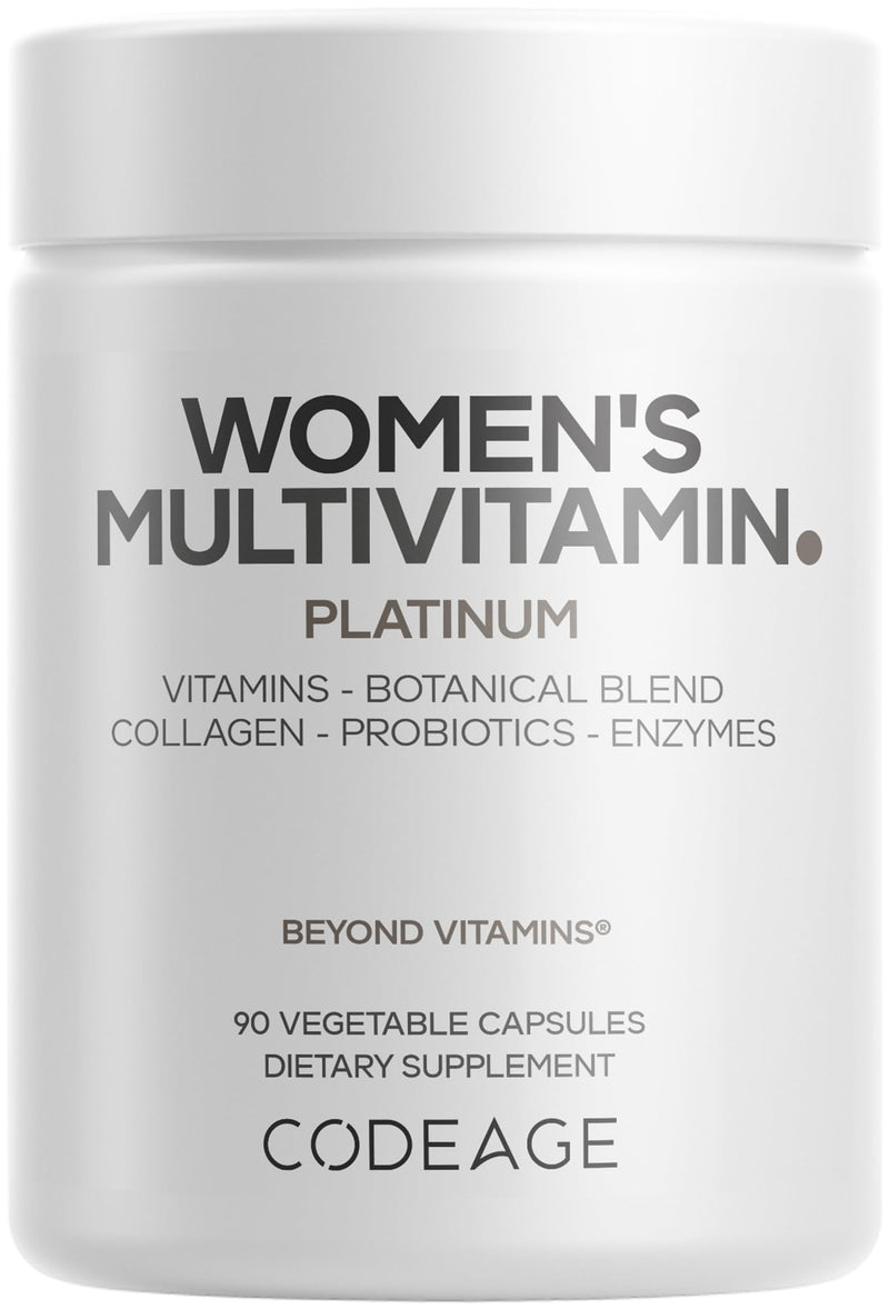 Codeage Women’s Multivitamin Platinum - Vitamins A D3 K1 K2 B12 & Minerals, CoQ10, Skin, Hair & Nails Complex, Collagen, Botanicals, Probiotics, Fermented Greens, Lutein, Astaxanthin - 90 Capsules