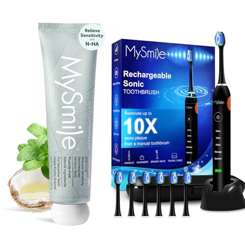 MySmile Fluoride Free Nano Hydroxyapatite Toothpaste for Sensitive Teeth, Strengthens Enamel, 4.2oz with Rechargeable Sonic Electric Toothbrush - 48000VPM, 5 Modes, 6 Brush Heads for Adults