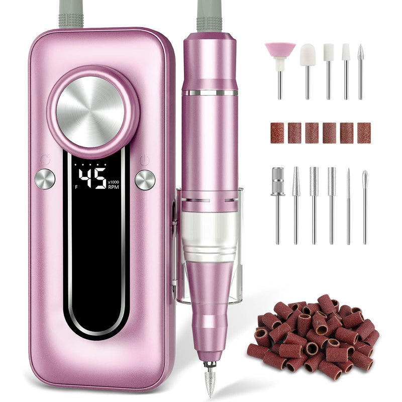 TUOBEO Nail Drill Electric Nail File Kit 45000 RPM Professional Efile Nail Set,Cordless Portable Rechargeable Acrylic Gel Nail Polish Remover Machine Pedicure Manicure Tool with 11 Bits for Salon Home Pink Purple