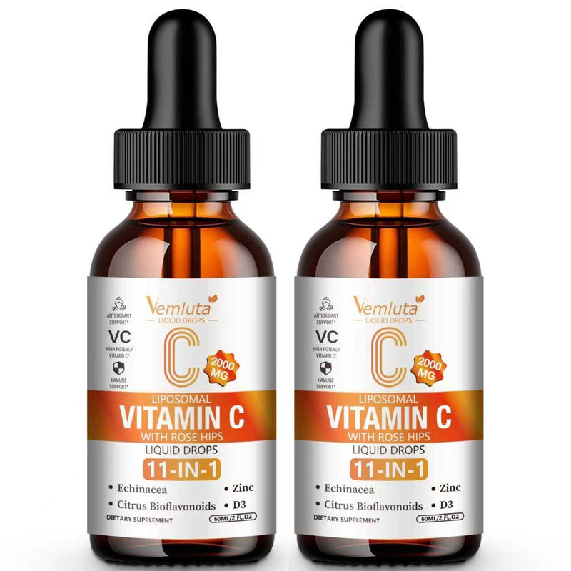 2 Packs Liposomal Vitamin C 2000mg Liquid Drop, High Absorption VC Complex Rose Hips with Echinacea, Citrus Bioflavonoids, Zinc, Vitamin D3 for Immune System & Antioxidant,4 FL Oz 2 Fl Oz (Pack of 2)