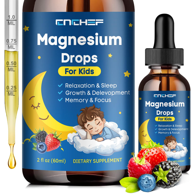 Magnesium Drops - Magnesium Glycinate Liquid Drops for Kids - Calm, Sleep, Relaxation, Bones, Brain Support with Vitamin B6, C, D3, Omega-3, L-Theanine, Zinc, Multivitamins - Mixed Berry Flavor 2 Fl Oz (Pack of 1)