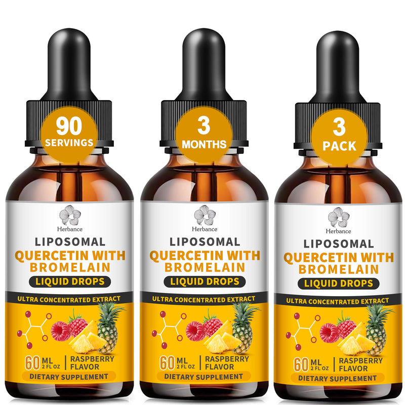 3 Pack Liposomal Quercetin with Bromelain Liquid Drops for Kis & Aldult- Higher Absorption, Quercetin Supplements 700mg w. Bromelain Elderberry Zinc Vitamin C for Immune, Heart, Antioxidant Support 2 Fl Oz (Pack of 3)