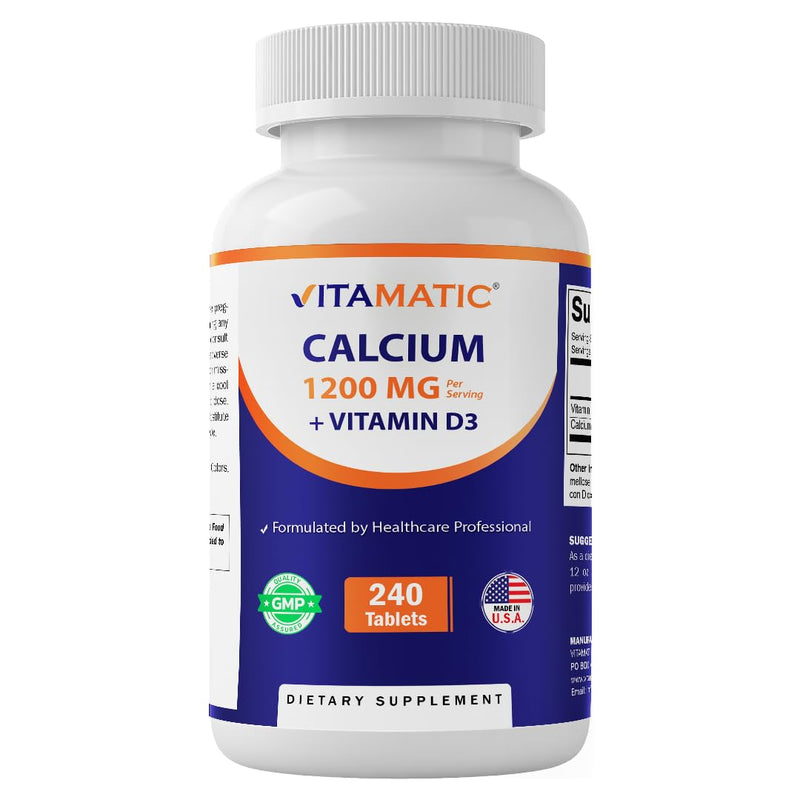 Vitamatic Calcium 1200mg with Vitamin D3 2000 IU (50mcg) – Bone & Immune Support Formula – 240 Tablets – High Absorption Calcium Carbonate with D3 – Non-GMO, Gluten-Free