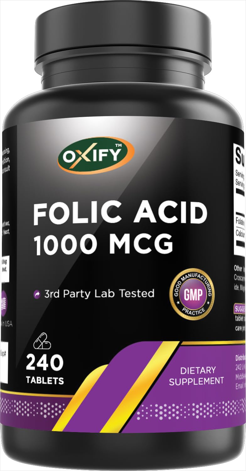 Oxify Folic Acid 1000 mcg, 240 Tablets | Gluten-Free, Non-GMO, Made in USA