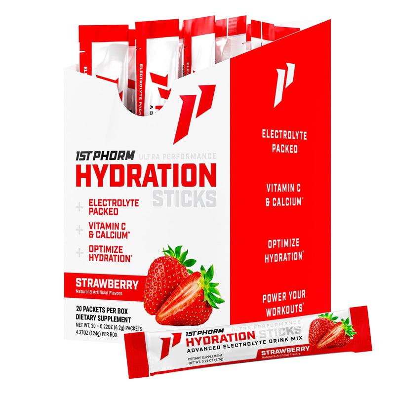 1st Phorm Hydration Sticks, Strawberry, Electrolyte Drink Mix, 20 Ct | With Vitamin D & Calcium, 1150mg Electrolytes & Vitamins Per Stick, NSF Certified, Zero Sugar, Travel-Ready Stick Packs Strawberry (Daily)