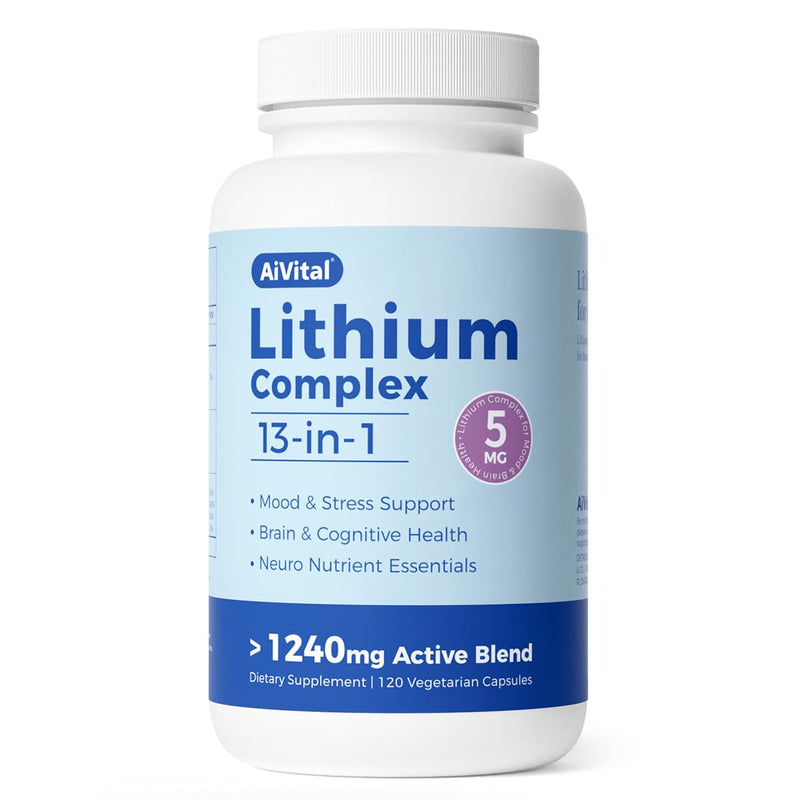AiVital™ Lithium Orotate 5mg, 13-in-1 Lithium Supplement with Magnesium Glycinate, L-theanine & DHA for Daily Balance, Focus & Clarity, Low-Dose Formula, Non-GMO, Gluten Free, Vegan, 120 Capsules