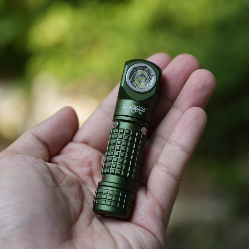 Manker E03H III Rechargeable Headlamp - 1200 Lumens Pocket Mini Flashlight with Clip - 90 Degree EDC AA Right Angle Flashlight with Headband and Magnet Tail (Army Green)