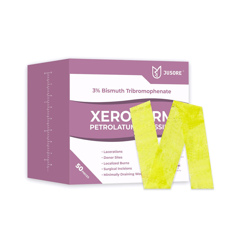 JUSORE Xeroform Petrolatum Dressing 1"x8" - 50 PCS Non Stick Gauze Pads, Medical Soft Fine Mesh Gauze Patch for Wound Care, Burns, Lacerations, Skin Grafts & Surgical Incisions, 50 Individual Pack 1"x8" (Pack of 50)