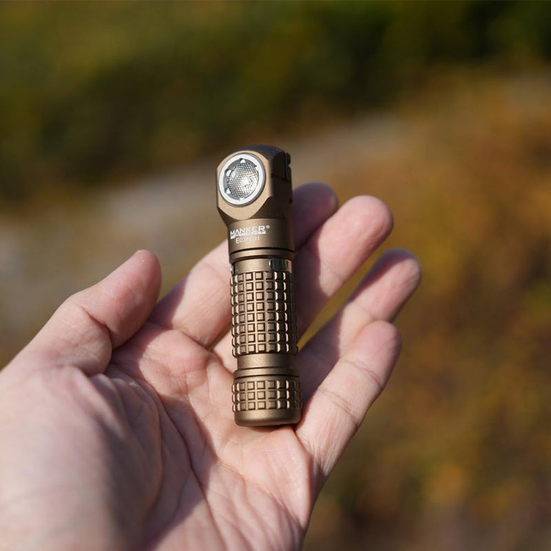Manker E03H III Rechargeable Headlamp - 1200 Lumens Pocket Mini Flashlight with Clip - 90 Degree EDC AA Right Angle Flashlight with Headband and Magnet Tail (Sand)