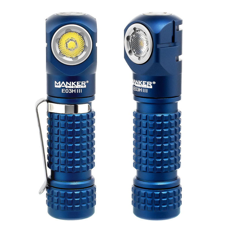 Manker E03H III Rechargeable Headlamp - 1200 Lumens Pocket Mini Flashlight with Clip - 90 Degree EDC AA Right Angle Flashlight with Headband and Magnet Tail (Blue)