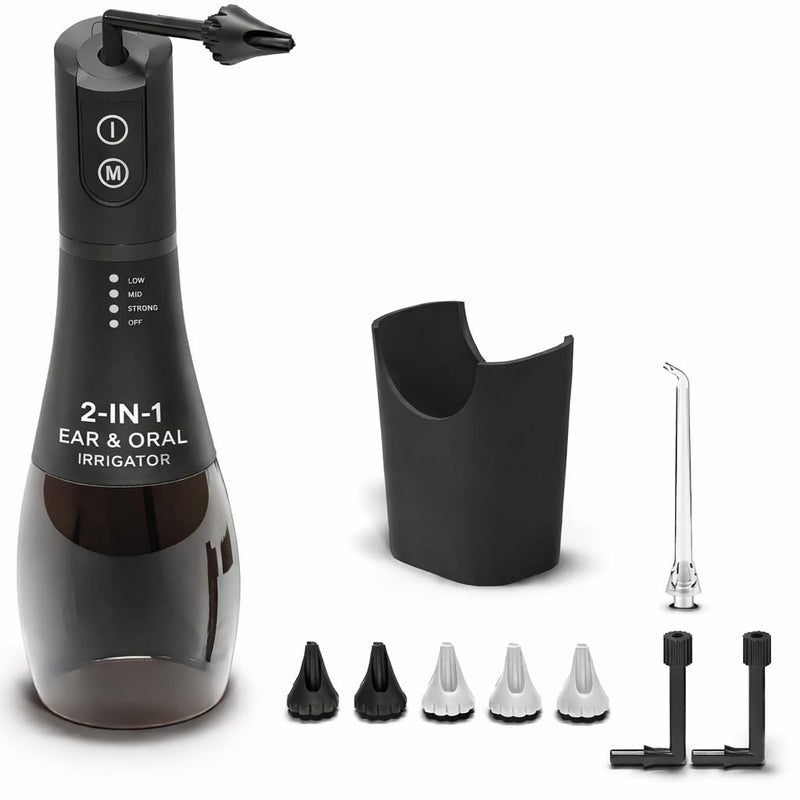 Electric 2-in-1 Ear and Oral Irrigator with 5 Pressure Modes and Timer, Ear Wax Removal and Water Flosser System with 6 Nozzles, Basin, Dust Bag and Charging Cable, Waterproof Grey - BeesActive Australia