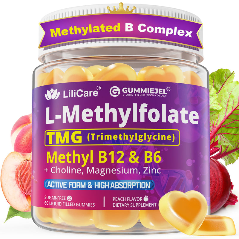L-MethylFolate 15mg 7.5mg & B12 1000 mcg Gummies, Methylated B Complex + TMG, Magnesium, Choline - Active 5-MTHF(B9) + Methyl B12, B6, Multivitamin - Support Methylation, Cognition, Mood, Sugar Free 60 Count (Pack of 1)