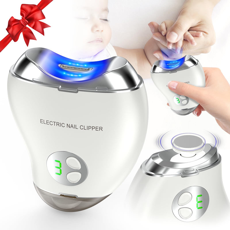 Automatic Electric Nail Clipper, 2 in 1 Baby Nail Trimmer with LED Light & Storage Box, Safe Nail File for Baby, Kids, Adults, Seniors, Rechargeable Portable Fingernail Cutter with 3 Speed Gears White - BeesActive Australia