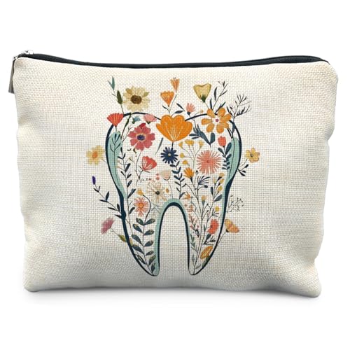 Dentist Gifts Makeup Bag for Women, Dental Assistant Hygienist Gifts Cosmetic Bag for Purse, Floral Tooth Dental Makeup Zipper Pouch